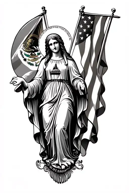 virgin Mary, Mexican flag on left shoulder, American flag on right shoulder tattoo design idea