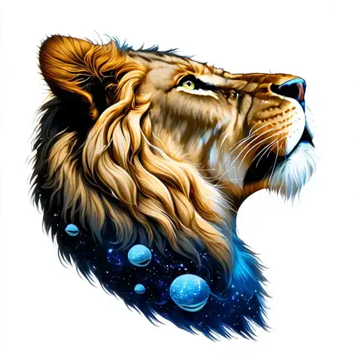 Lion Looking Up Left Side Pose, Vast Blue Colored Distant Sky above him Filled With Aliens All Over. tattoo design idea