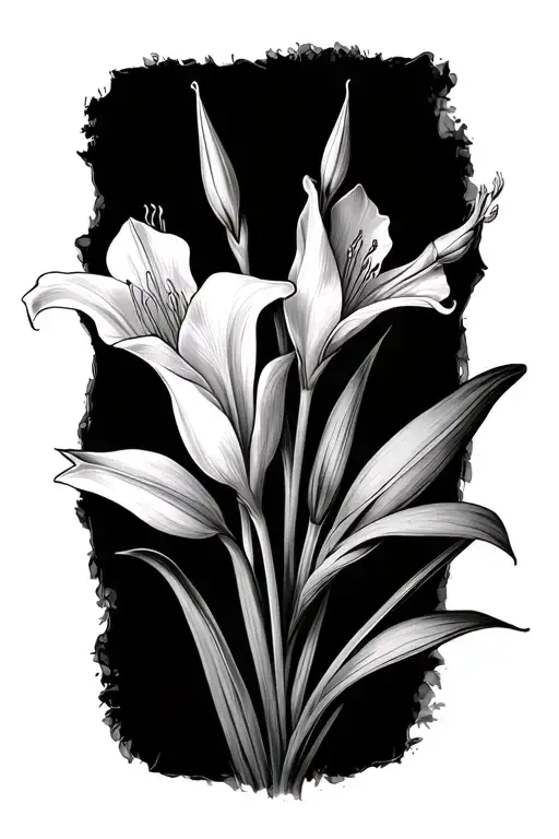 gladiolas black and white. 2 blooms and a small amount of greenery tattoo design idea