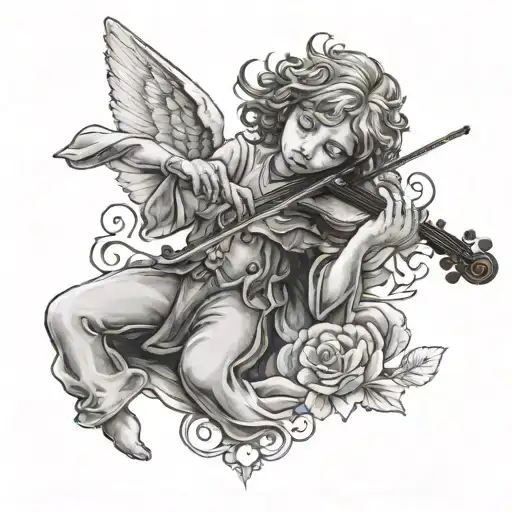 sad angel playing violin tattoo design idea