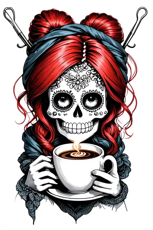 "AIYDIWDWY" "AIYDIWDWY" "AIYDIWDWY" sugar skull with red hair in a bun with crochet hooks, wearing a hair scarf holding a steaming coffee tattoo design idea