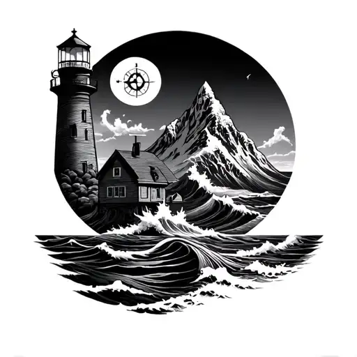 lighthouse, mountain, sea, compass, clock, wave tattoo design idea