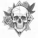 skull with triangle on it, crow on top, and black rose, and snake tattoo design idea