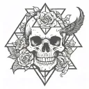 skull with triangle on it, crow on top, and black rose, and snake tattoo design idea