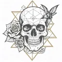skull with triangle on it, crow on top, and black rose, and snake tattoo design idea