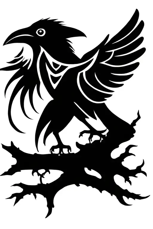 raven on a tree branch tribal urnes style  tattoo design idea
