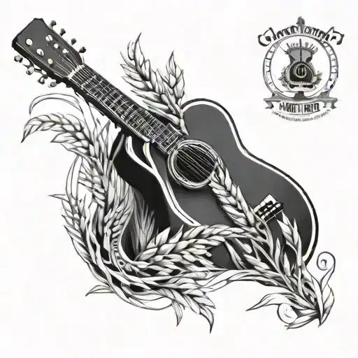 A detailed blackwork tattoo of a guitar intertwined with a wheat field, symbolizing the client's love for music and farming tattoo design idea