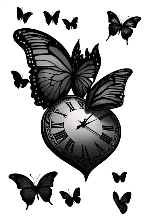 1111 butterfly heart clock tattoo design idea