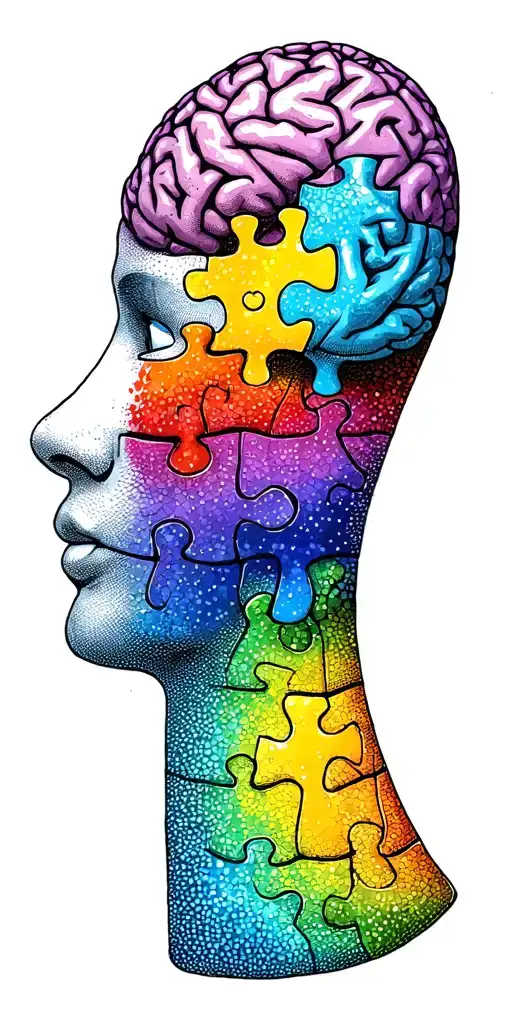 autism rainbow puzzle piece and brain with blue purple shading tattoo design idea