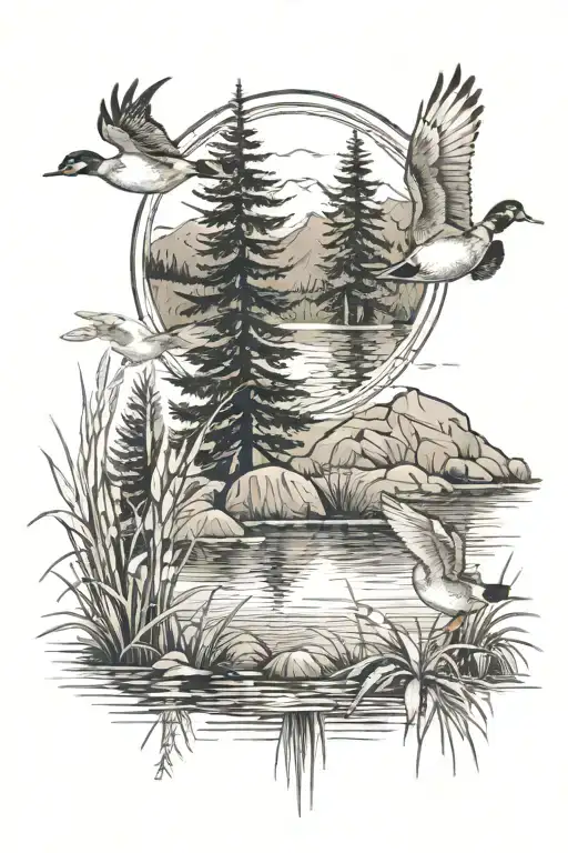 pond with cattails around and ducks flying with mountains and pine tress with dog face in back like a angel  tattoo design idea
