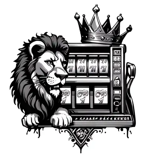 lion wearing crown behind slot machine surrounded tattoo design idea