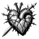 broken heart with barbed wire stitching back together and two ice daggers stabbed into it  tattoo design idea