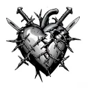 broken heart with barbed wire stitching back together and two ice daggers stabbed into it  tattoo design idea