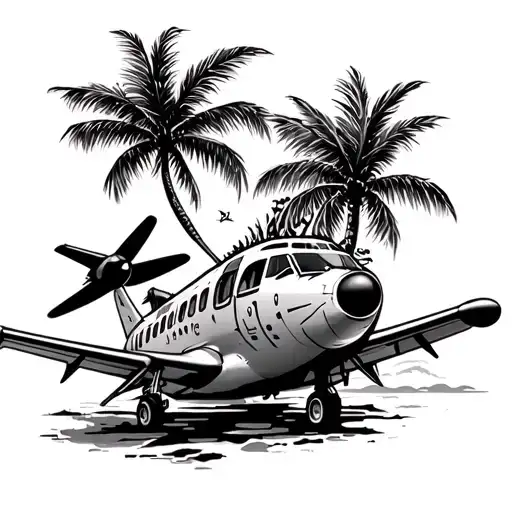 airplanes,  coconut trees, steel pan, music, beach tattoo design idea