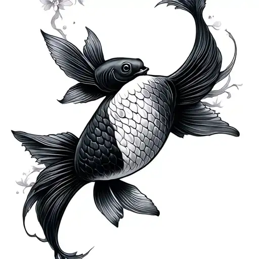 Stipple tattoo, yinyang koi. black koi + ghost koi (translucent, wispy, smoky aura, rotated 180°), with cherry blossom tattoo design idea