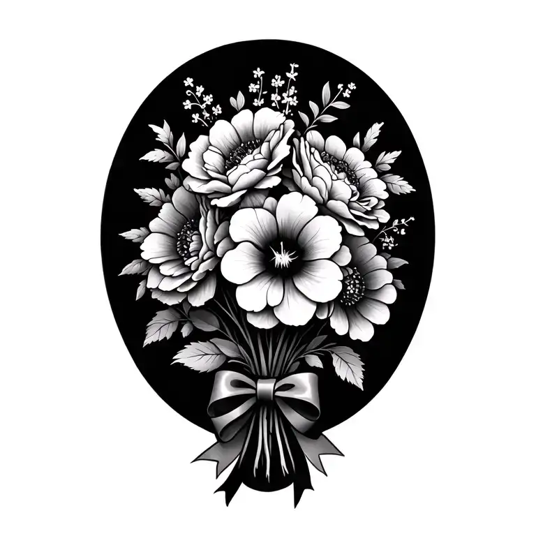 Fine line tattoo for Lilacsunflower Rose Chinese Hibiscus Peonies bouquet with bow at the bottom of stems black and gray tattoo design idea