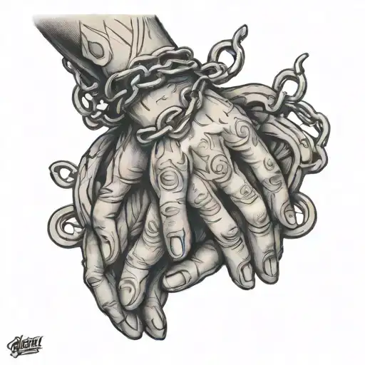 Chains broken around praying hands tattoo design idea