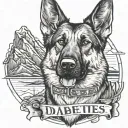 portrait of German shepherd saying "diabetes" American flag and mountain scene tattoo design idea