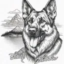 portrait of German shepherd saying "diabetes" American flag and mountain scene tattoo design idea