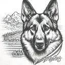 portrait of German shepherd saying "diabetes" American flag and mountain scene tattoo design idea