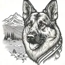 portrait of German shepherd saying "diabetes" American flag and mountain scene tattoo design idea
