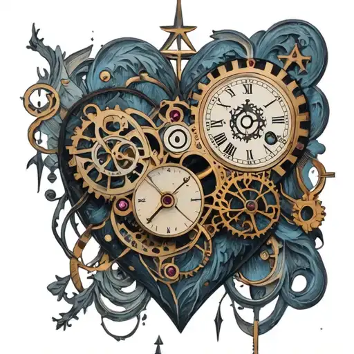 A steampunk-inspired clockwork heart intertwined with intricate symbols and sigils tattoo design idea