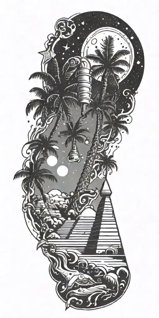 outer space, palm tree, galaxy, pyramid, shoal wintergreen dip can in the sand with a sunset, ray gun,  tattoo design idea
