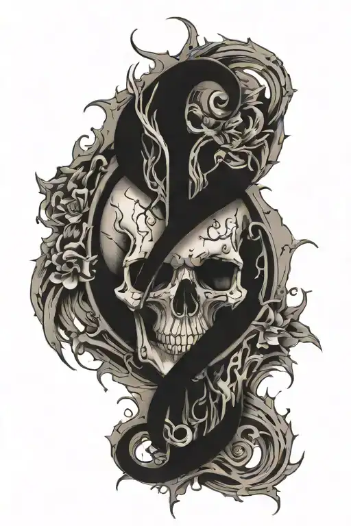 tattoo around a question marks existing in a front arm, with skull and thorns, style engraving tattoo design idea