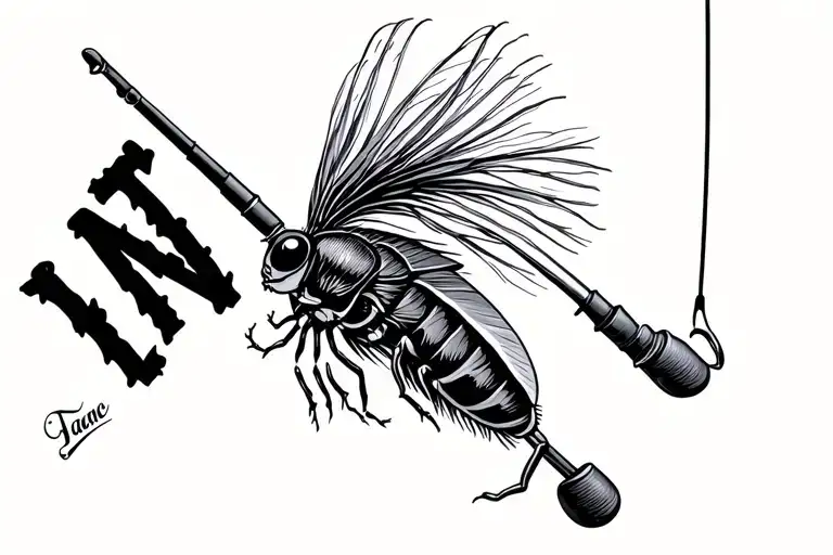 fishing pole with line spelling out a name with a flea as bait  tattoo design idea