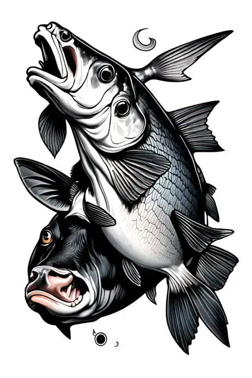 bass fish and cows tattoo design idea
