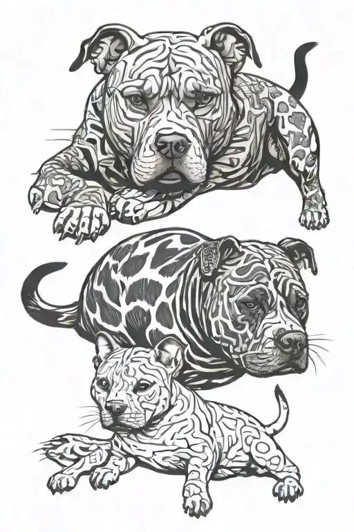 1 cat and 1 pitbull back to back tattoo design idea