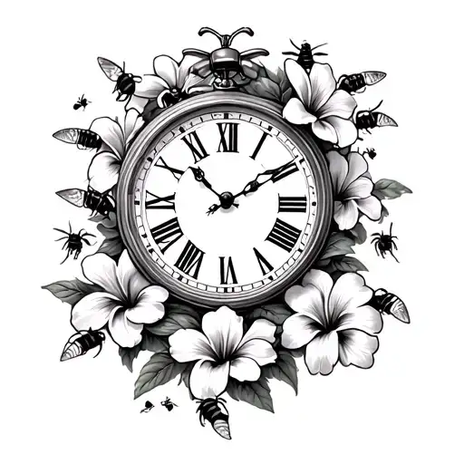 a little clock with roman numerals alot of bees around around the clock Lily's and hibiscus flowers all around the clock tattoo design idea
