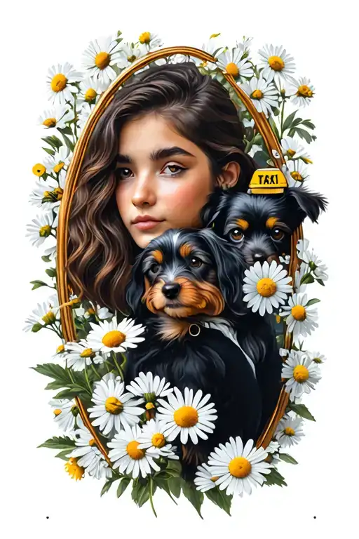 Girl with a dog taxi on the shoulder with a chamomile frame tattoo design idea