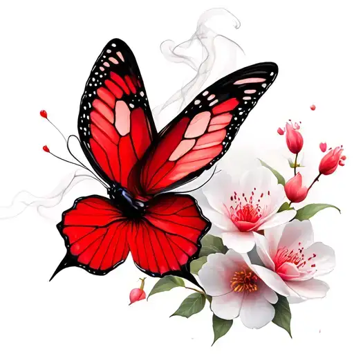 Red delicate tattoo, sakura above it butterfly in the style of smoke tattoo design idea