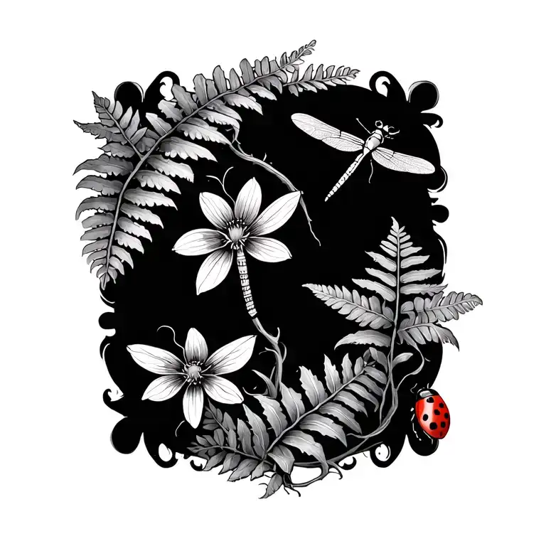 A flowering vine with ferns, dragonfly, and ladybug tattoo design idea
