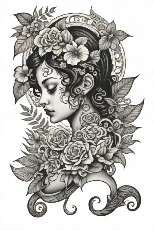 An elegant black and grey tattoo design combining Klimt's 'The Child' painting with tropical flowers and aeronautic symbols tattoo design idea