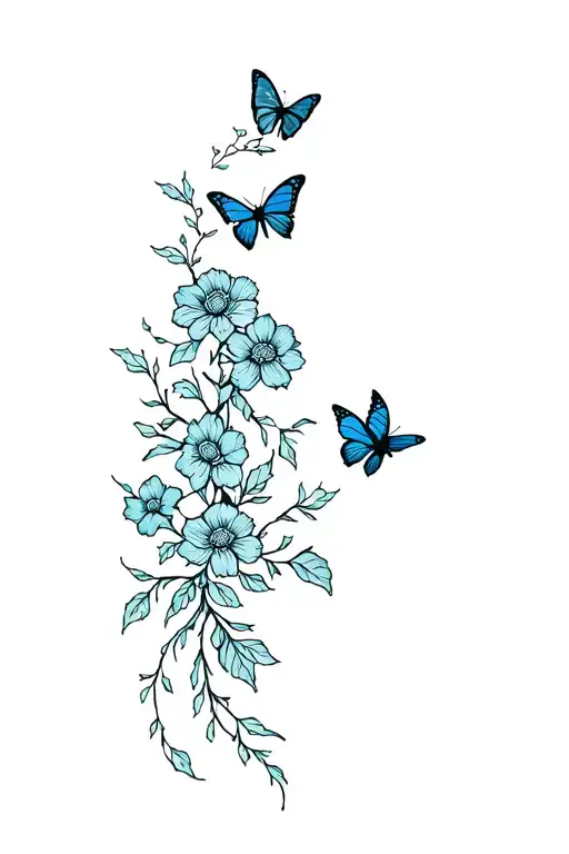 flowers on vines going up the spine and 3 butterflies at the top tattoo design idea