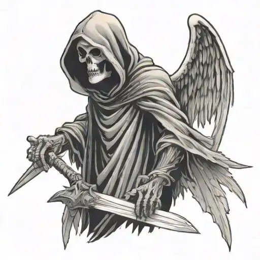 grim reaper pointing & holding a sicle with angel wings spread tattoo design idea