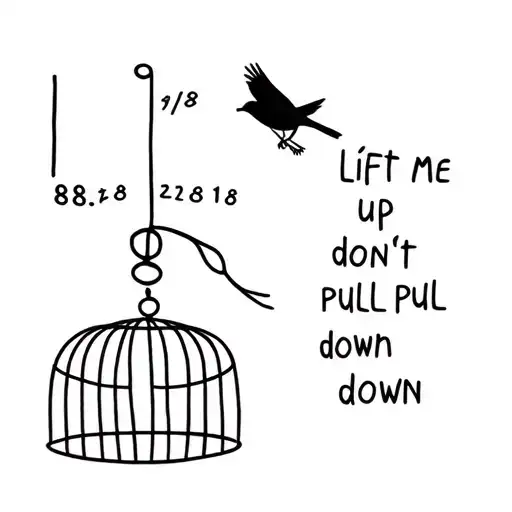 a simple robin flying out of a cage with the dates 8/8 written right above the words lift me up don't pull me down  tattoo design idea