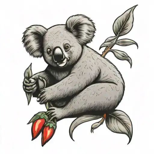 koala holding green and red chili pepper with flower earring tattoo design idea