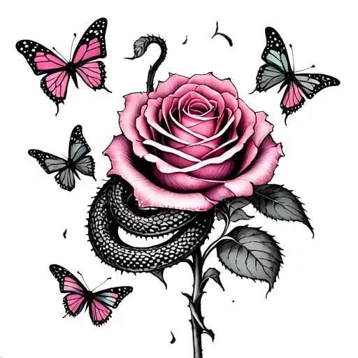 a rose with its spiny stem and wrapped a snake through the stem and butterflies around tattoo design idea