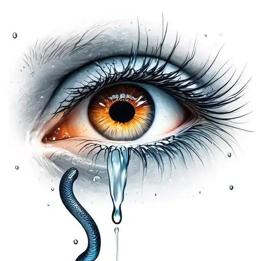 "A highly detailed realistic human eye shedding tears that transform into slender, elegant snakes instead of drops, the  tattoo design idea