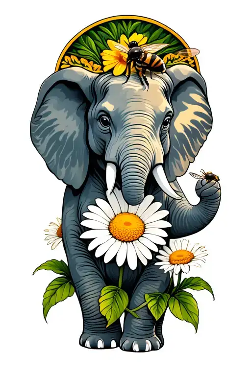 an elephant with a bee on a daisy tattoo design idea