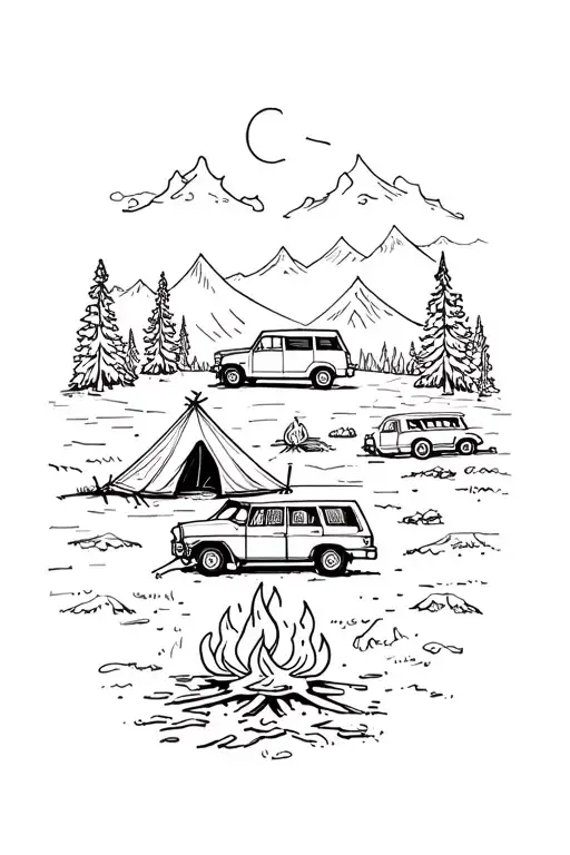 Campper Car, Camping Tent and Camp Fire tattoo design idea