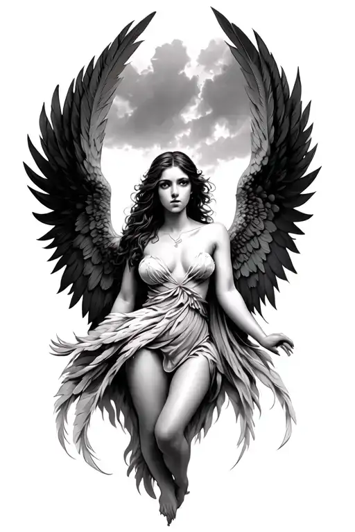 fallen angel falling angel with feathers stretched out no nudity tattoo design idea