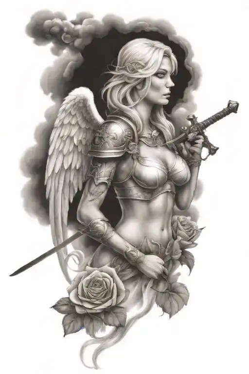 a sexy blond female angel as a warrior with some clouds, a rose and a Cross for a halfsleeve tattoo tattoo design idea