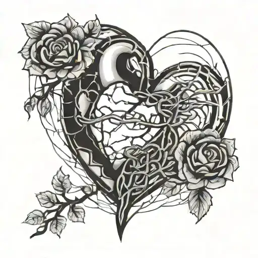 Broken heart kintsugi flat tattoo fine line without borders outside the heart and with simple breaks with black and white tattoo design idea