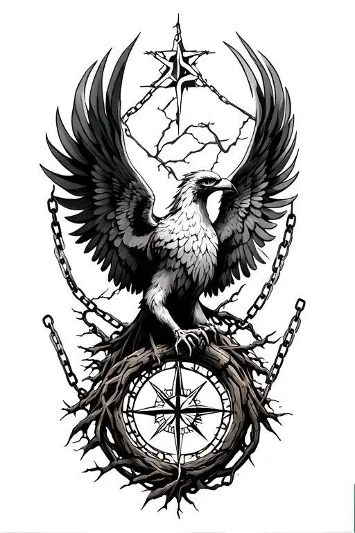 phoenix, broken chains, compass, tree of life intertwined tattoo design idea