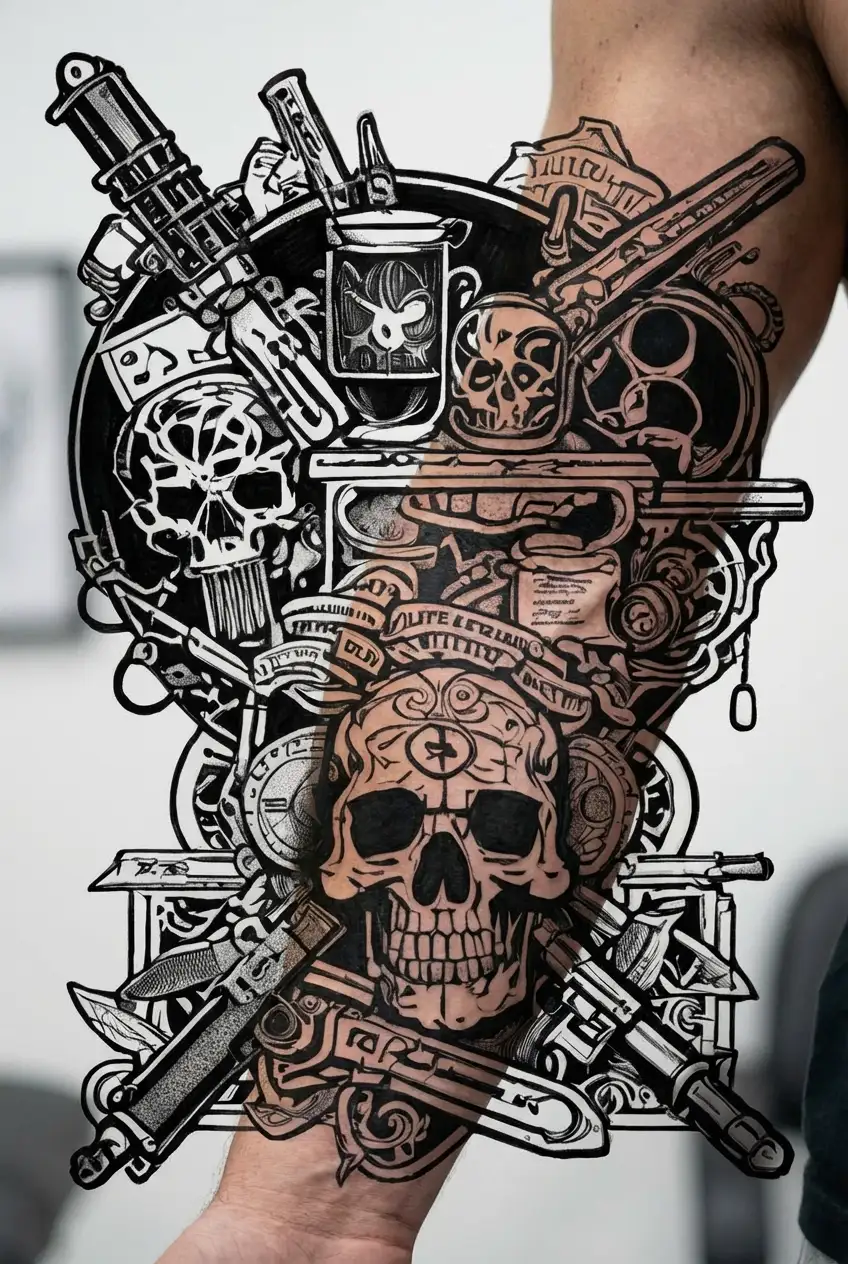in the background, money, weapons, drugs, a gangster tattoo and in the foreground, mark in large NHP tattoo design idea