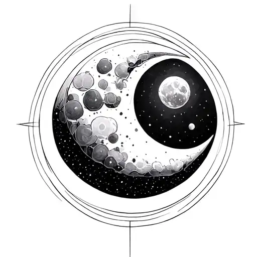 A fine-line micro-tattoo design of a thin crescent (banana-shaped) moon with a slightly tilted halo hovering above it. E tattoo design idea